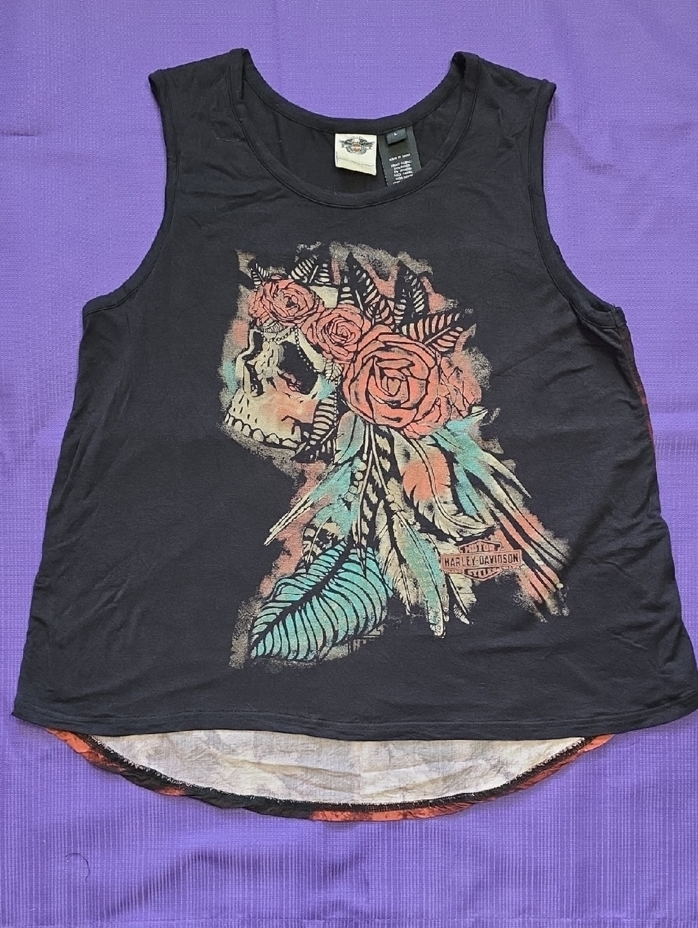 Harley-Davidson Black Tank with Coral Rose & Teal Feather Skull
